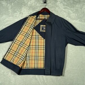 Vintage Burberry Jacket Mens XL Blue Cotton Bomber Nova Check Bi-Swing *FLAWS